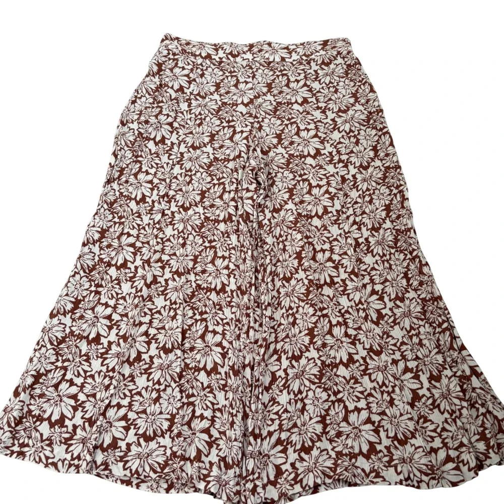 Becool Brown White Floral Wide Leg Pants Womens Large High Rise Rayon Boho